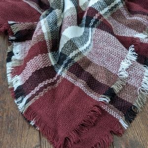 NWOT Burgundy Black, White, and, Olive Fringed Plaid Blanket Scarf